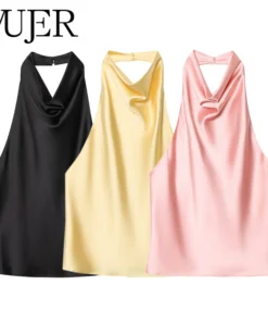 MUJER 2025 Halter Tops for Women Black Satin Backless Top Female Pink Summer Beach Top Woman off Shoulder Camisole Top Women