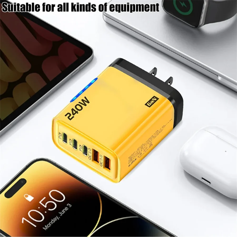 240W GaN USB-C Fast Charger - 5-in-1 Power Adapter for iPhone, Samsung, Xiaomi, EU/US Plug - Image 6
