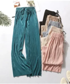 Summer Wide Leg Pleated Trousers for Women - Ice Silk, Elastic Waist, Loose Fit