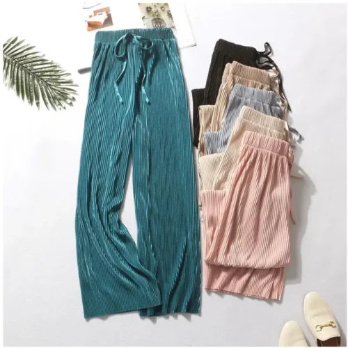 Summer Wide Leg Pleated Trousers for Women - Ice Silk, Elastic Waist, Loose Fit