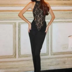 Alternative view of Black Lace Halter Maxi Dress - Backless Bodycon Style for Women