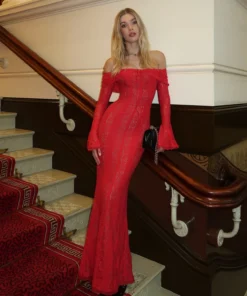 Suninheart White Maxi Wedding Guest Dress Women 2025 Elegant Off The Shoulder evening party dresses red lace flare sleeve dress