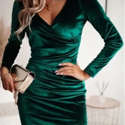 Alternative view of Bodycon Velvet Mini Dress with V-Neck and Long Sleeves for Women - Autumn Winter Party Wear