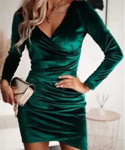 Alternative view of Lady Bodycon Solid Color Velvet Dress Women V-Neck Long Sleeved Mini Dress Autumn Winter New Year Party Luxury Dress