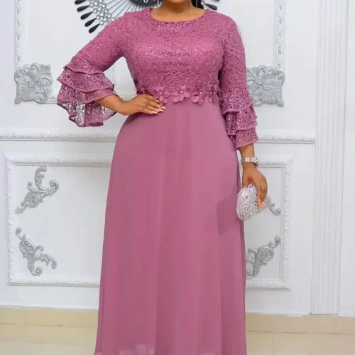 Plus Size African Dashiki Maxi Dress for Women - Elegant Ankara Lace Wedding Gown