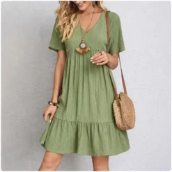 Peplum Dress with V-Neck and Ruffle Fit Flare for Women - Short Sleeve and Loose Waist