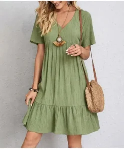 Women's Summer V-Neck Peplum Dress - Short Sleeve, Loose Waist, Ruffle Fit Flare
