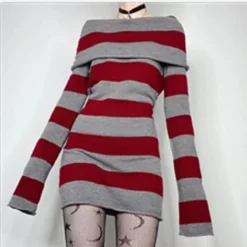 Alternative view of Striped Mini Bodycon Dress with Boat Neck and Long Sleeves for Women