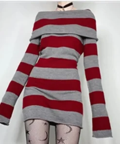 Alternative view of Chic Women’s Striped Mini Bodycon Dress with Boat Neck and Long Sleeves