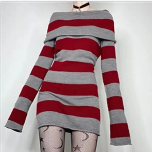 Alternative view of Chic Women’s Striped Mini Bodycon Dress with Boat Neck and Long Sleeves
