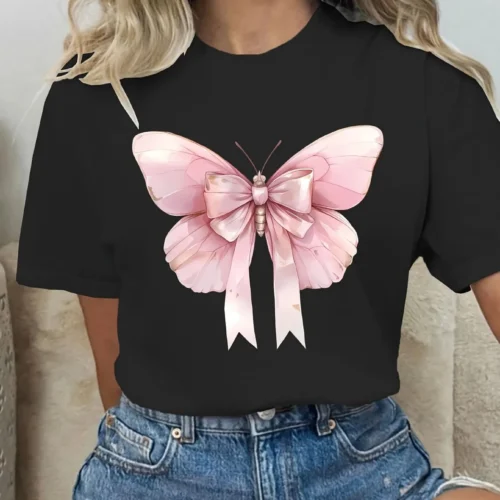 Womens Pink Butterfly Bow Graphic T-Shirt Harajuku Short Sleeve Casual Womens Clothing Street Tops Tees Aesthetic Clothes