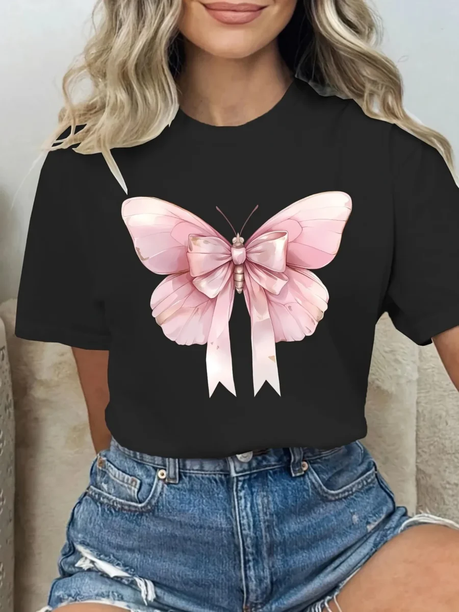 Womens Pink Butterfly Bow Graphic T-Shirt Harajuku Short Sleeve Casual Womens Clothing Street Tops Tees Aesthetic Clothes - Image 7