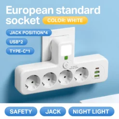 EU Plug AC Power Strip with USB Ports and Separate Switch for Wall Mount Use