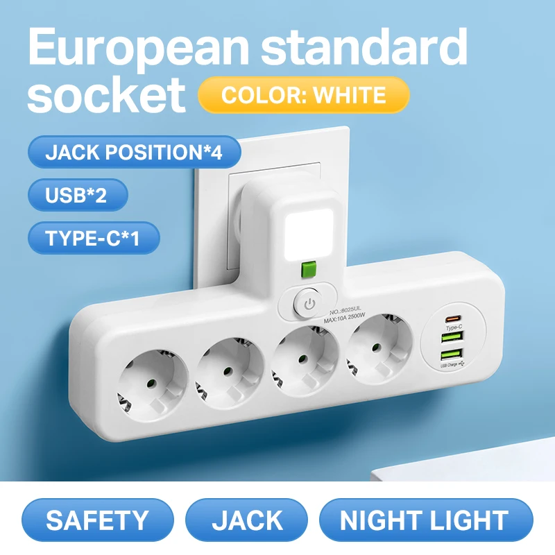 EU Plug AC Power Strip Multiprise Wall Mounted Socket Universal Network Filter USB Ports Separate Switch light Adapter