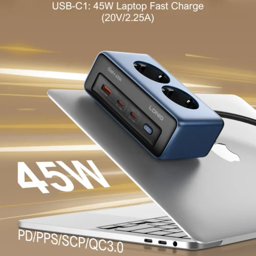 Alternative view of LDNIO Fast Charger Cube Power Strip 2M Electric Extension Power Cord 45W Type C Charging Station Us UK Eu Kr Usb Plug Adapter