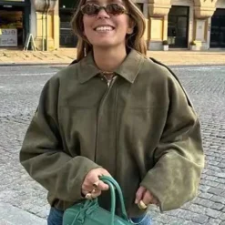 Vintage Green Oversize Bomber Jacket - Elegant Loose Fit for Women - Perfect for Parties