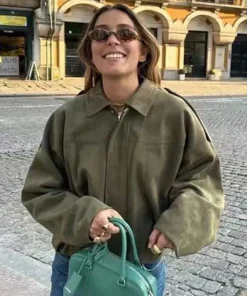Vintage Green Oversize Bomber Jacket for Women - Elegant Loose Fit for Parties