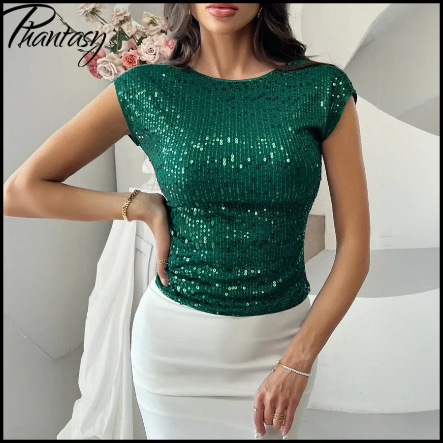 Elegant Commuter Women's Sleeveless Top Casual Basic Solid Color Sequin T-shirt Spring Summer Dress Up for Lady Female Clothes - Image 4