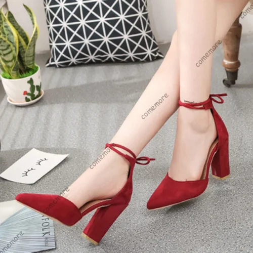 Comemore Sexy Female Pumps Solid Color Chunky High Heeled Shoes for Women Pointed Toe Anckle Lace Up Elegant Heel Women's Shoes