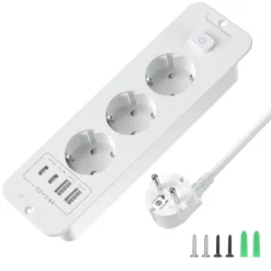 Alternative view of EU Built-in Power Strip with 2 USB and 2 Type C Fast Charge, 2M Extension Cable for Desktop Use