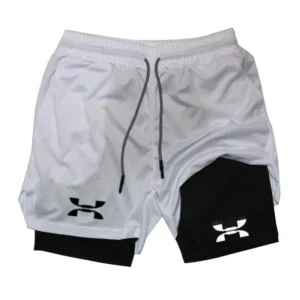2 In 1 Quick Drying Running Shorts for Men - Gym and Boxing Training Fitness Bottoms - White, M