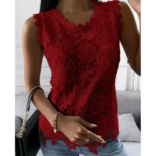 Sleeveless Lace Floral Blouse with Round Collar for Women - Spring Summer Office Camisole - Image 4
