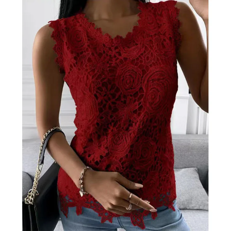 Sleeveless Lace Floral Blouse with Round Collar for Women - Spring Summer Office Camisole - Image 4