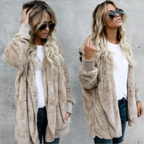 Women’s Oversized Hooded Fleece Cardigan Jacket - Solid Color, Long Sleeve, Warm Outerwear