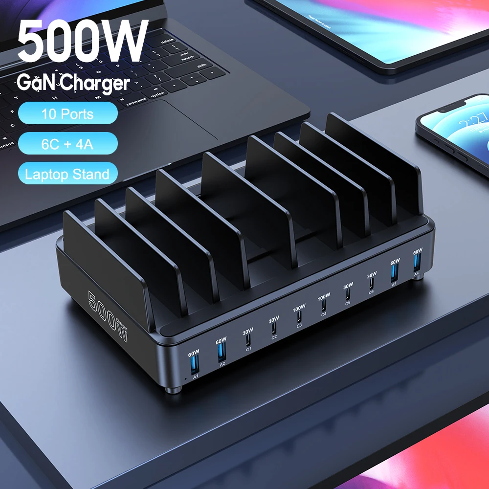 500W Universal Multi USB C Charger PD 100W Desktop Fast Charging Sation Phone/Tablet/Laptop Stand Dock Holder for iPhone Samsung