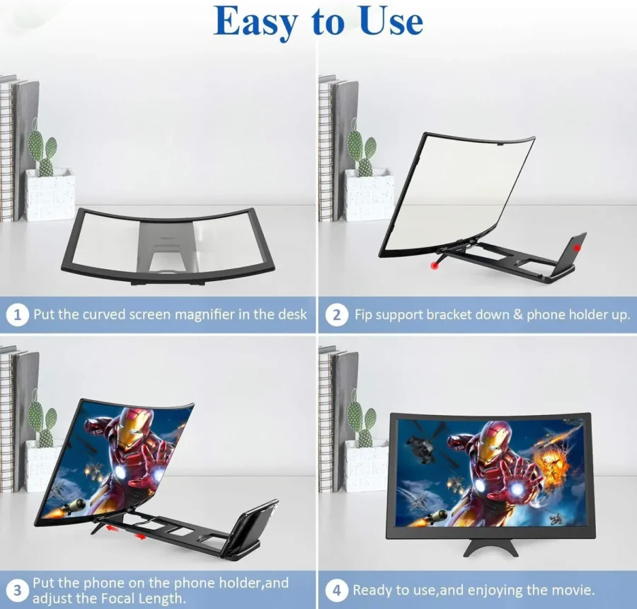 14" Curved Screen Magnifier 3D HD Projector for Movies Gaming & Video Foldable Phone Stand Universal Smartphone Compatible - Image 4