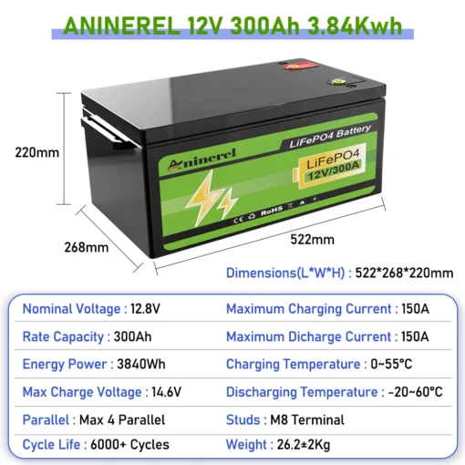 12V 304Ah LiFePO4 Solar Battery with 6000+ Cycles for Home and RV Use - Image 4