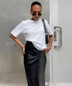 Alternative view of Elegant Satin Black High Waist Trumpet Skirt for Women