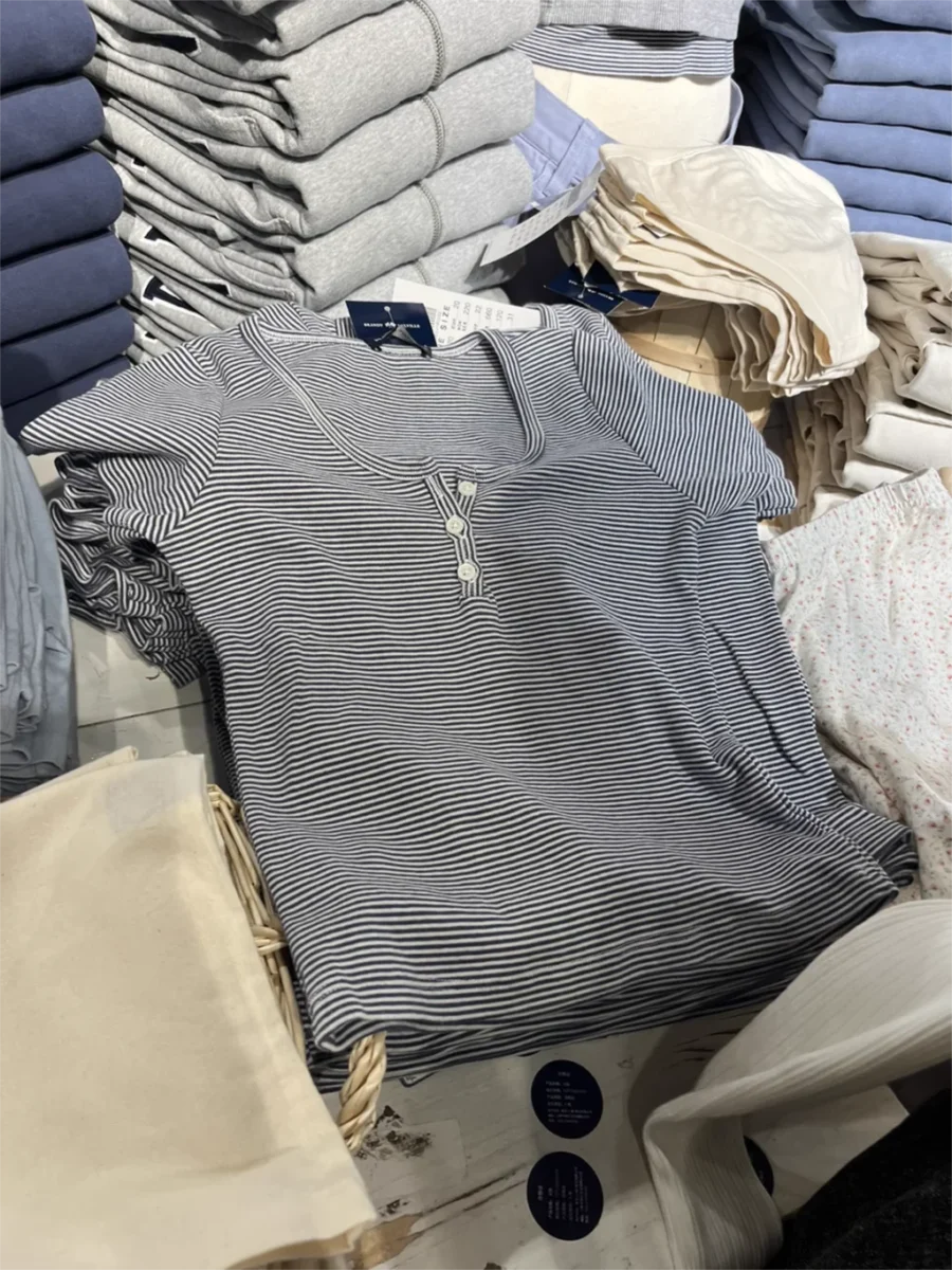 Stripes T-shirt Shorts 2 Pieces Sets Summer Short Sleeve Slim Three Buttons Crop Top Elastic Short Pant for Woman Sweet Y2k Set - Image 4