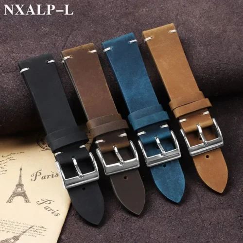 Alternative view of Vintage Oil Wax Leather Watch Band 18mm 20mm 21mm 22mm Handmade Stitching Cowhide Strap for Omega for Seiko Smartwatch Wristband
