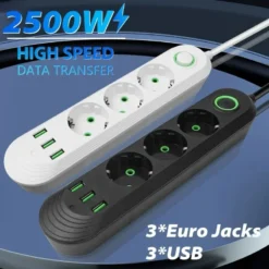 2500W AC Outlet Power Strip with USB Ports and Network Filter for European Standard Sockets