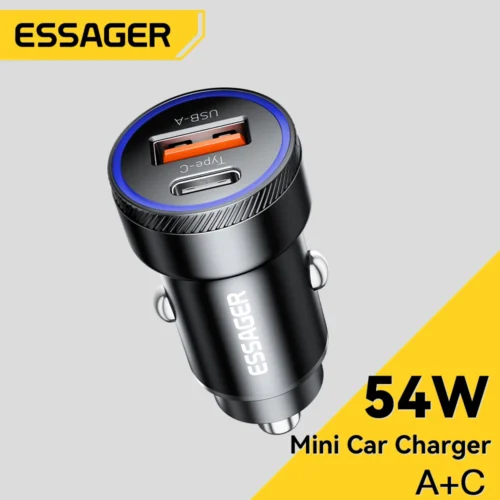 Essager 54W Fast Charge USB Car Charger with USB Type-C for Xiaomi, iPhone, Huawei, and Samsung