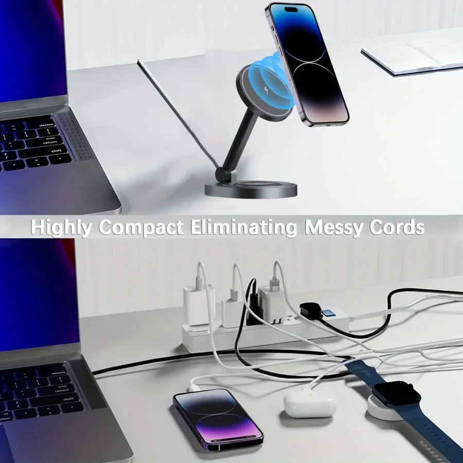 3-in-1 Magnetic Wireless Charging Stand for MagSafe iPhone, Apple Watch, and AirPods - Image 3