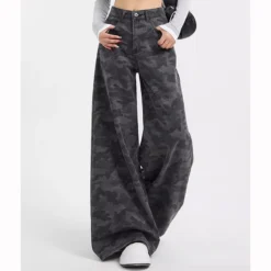 High Waist Camouflage Jeans with Baggy Straight Leg Design for Women