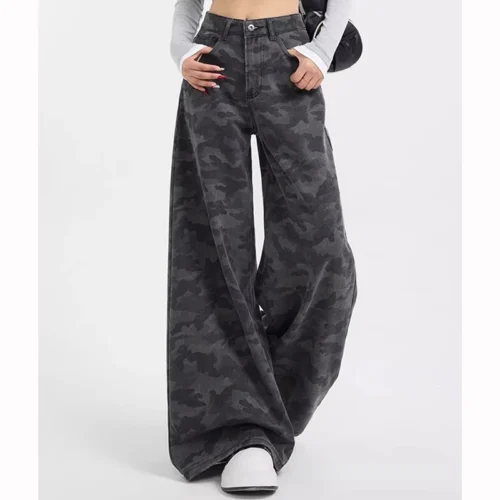 Trendy Brand Girls High Waist Camouflage Jeans Women Baggy Straight Leg Denim Trousers Lady Korean Fashion Cargo Pants