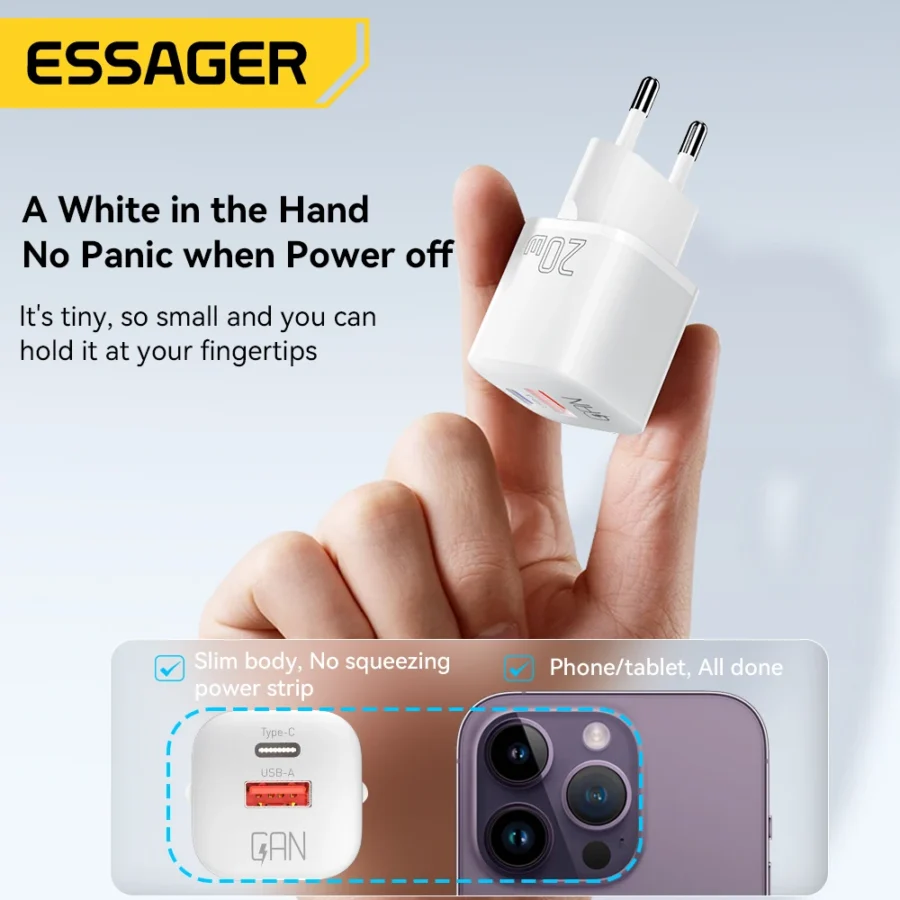 Essager 20W GaN PD USB C Charger for iPhone 14 13 12 11 Pro Max Phone QC 3.0 PD 3.0 USB Type C Fast Charging for Xiaomi pocoiPad - Image 3