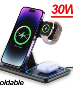 3 in 1 30W Foldable Wireless Charging Station for iPhone 16 15 14 13 12 Pro Max iWatch Ultra Airpods Pro Fast Charger Stand Dock