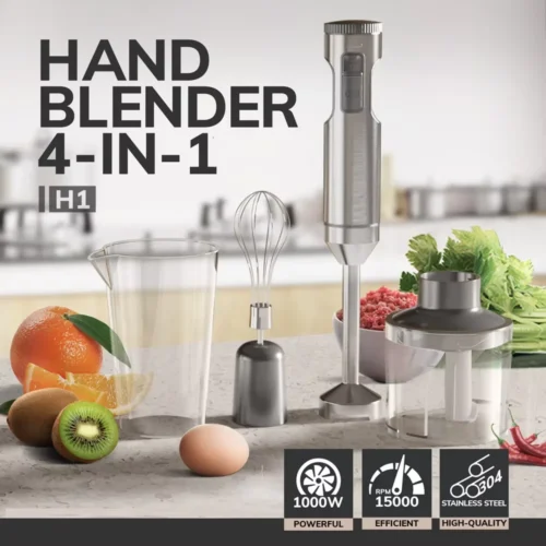 Stainless Steel 1000W Hand Immersion Blender with 700ml Beaker and 500ml Processor