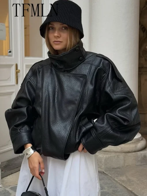 Faux Leather Jacket with Zipper Closure, Loose Fit and Stand Collar for Women, Long Sleeve Autumn/Winter Wear - Image 4