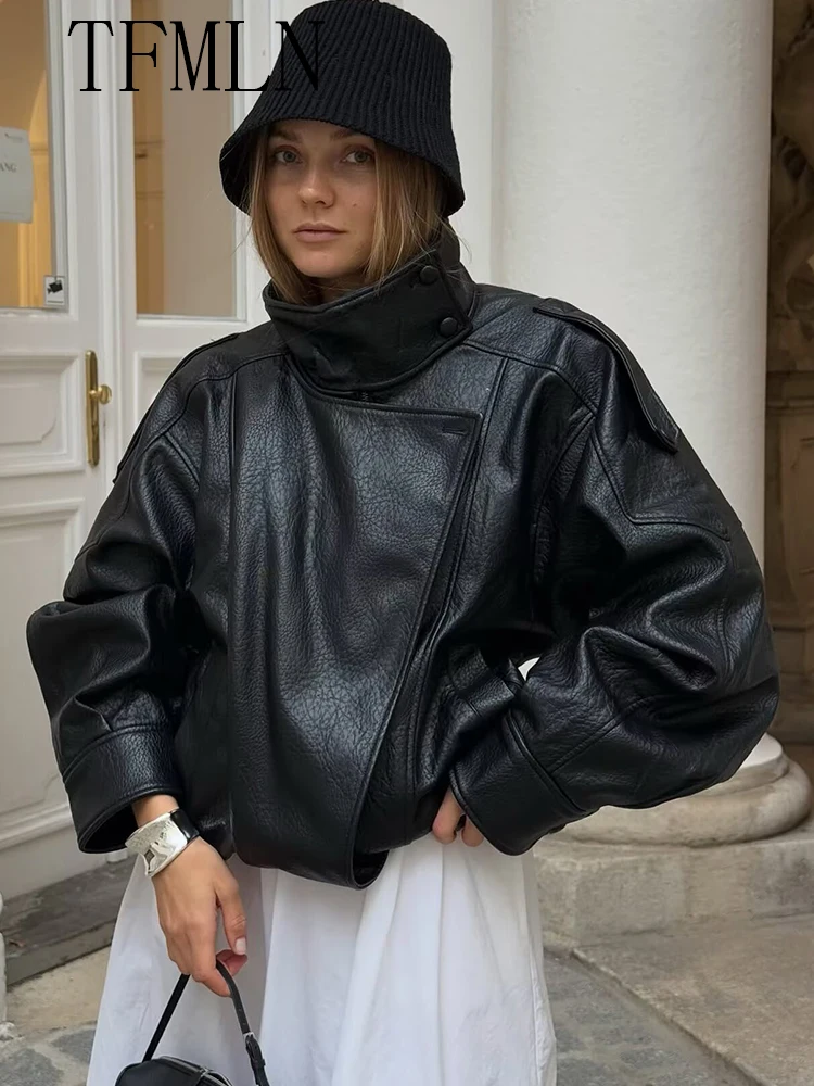 TFMLN Women's Faux Leather Jacket - Loose Fit, Stand Collar, Long Sleeve, Zipper Closure, Autumn/Winter Outwear - Image 4