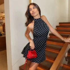 Alternative view of Halter Neck Mini Dress with Dot Print and Backless Design for Women