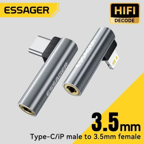 Essager L-shape Type-C to 3.5mm Jack Audio Adapter for iPhone 16 15 Samsung Lightning to 3.5mm Headphone Adapter for iPhone14 13