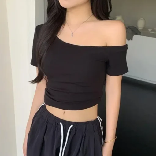 Off Shoulder Short Sleeve T-Shirt with Vintage Style for Women in Korean Fashion - Image 7