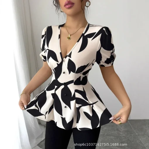 Women Blouse V Neck Short Sleeves Tight Waist Casual Top for Office Wear - Image 3