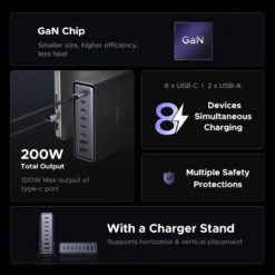 Alternative view of UGREEN 200W GaN Charger with 8 Ports Charging Station Stand for Macbook, iPhone, and Tablets