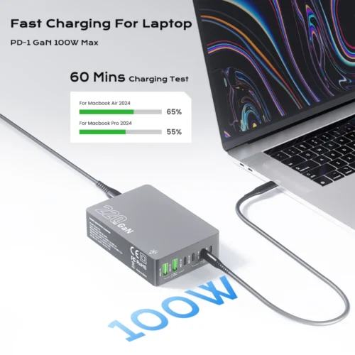 Alternative view of 220W GaN Desktop Charger 6-Ports PD 100W USB Type C QC 3.0 Fast Charging Station for IPhone 16 Pro Tablet Macbook Samsung Laptop